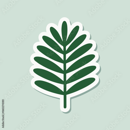 A stylized green leaf branch with white outline, isolated on white background, representing nature, growth, and botanical elements for design and decoration