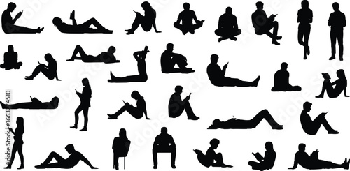 A comprehensive vector graphic set of black silhouettes depicting diverse men and women relaxing, reading, and using phones or tablets, isolated on a clean white background.
