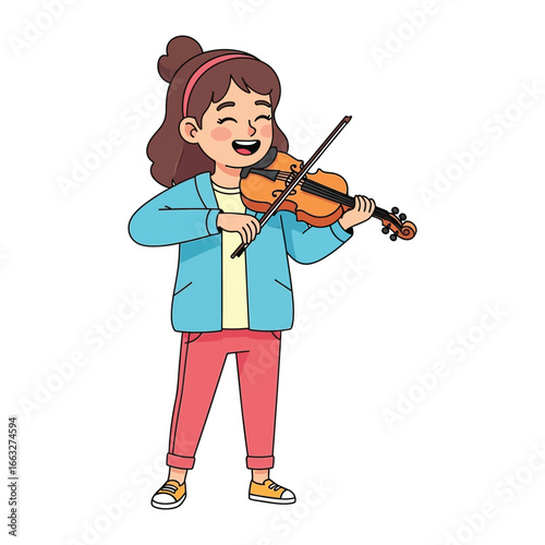 Melody of a Child: A cheerful young girl, lost in the music, skillfully plays a violin, her face beaming with delight, and her heart filled with the magic of music.