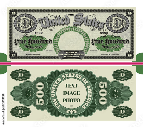 Vector obverse and reverse of vintage banknote, denomination of 500 dollars, United States of America. Retro guilloche patterns. Five hundred. American paper money. Inscription, text, image and photo