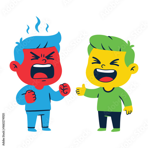 Clashing Emotions: A stark visual of two distinct characters, one consumed by red-hot anger and the other radiating yellow laughter, embodying the extreme spectrum of emotional expression. 