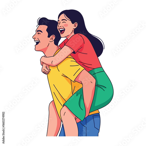 Joyful Piggyback Ride: A couple shares a moment of pure delight as they revel in carefree fun and laughter, embarking on an adventure filled with lightheartedness.