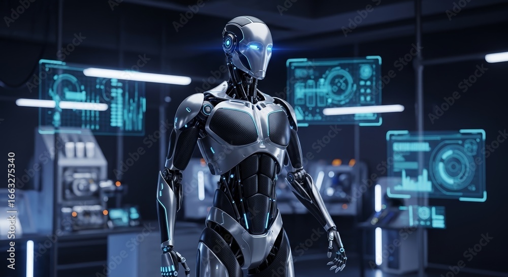 Naklejka premium A futuristic humanoid robot, standing tall and poised in a high-tech laboratory, exuding innovation and technological advancement.
