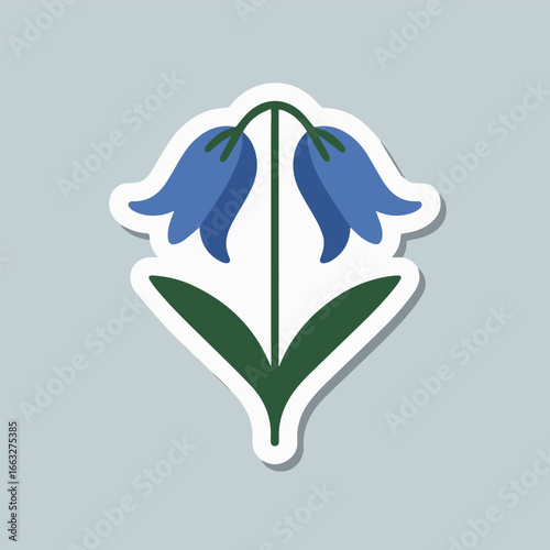 Illustration of a bluebell flower with a white border on a light gray background, perfect for stickers, icons, or decorative elements in graphic design projects