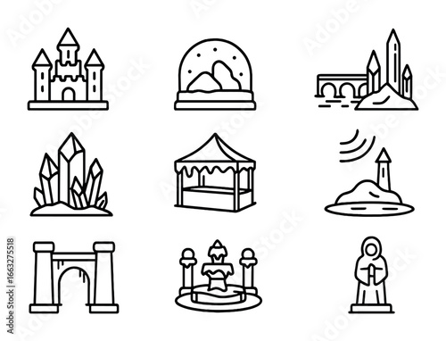 Frozen Civilization Icons. Outline icon set of frozen parallel civilization: ice castles, snow domes, frost