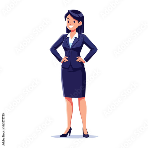 Confident Businesswoman in Suit: A poised businesswoman in a tailored suit exudes confidence with her hands on her hips, showcasing a professional and capable demeanor.