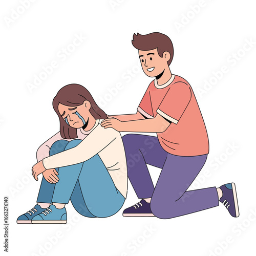 Empathy and Support: An illustration depicts a scene of compassion, where one individual offers a comforting hand to a person showing distress, symbolizing emotional support and empathy.