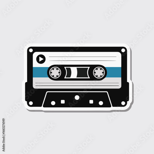 A retroinspired cassette tape illustration featuring a classic design with black, white, and blue accents, evoking a sense of nostalgia for vintage music technology
