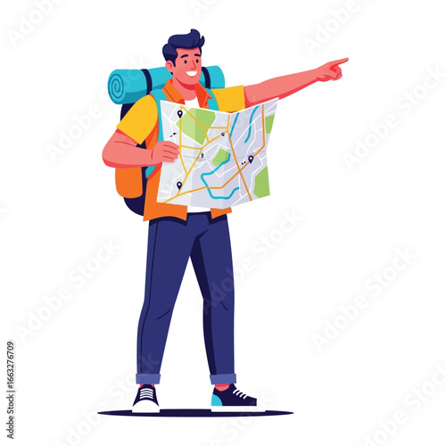 Adventurer's Journey: A determined traveler stands, map in hand, pointing towards an exciting new adventure. With a confident pose and detailed travel map, he's ready for exploration.