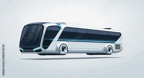 A futuristic, sleek white concept bus with blue accents, featuring large windows and a modern design, appearing to float.