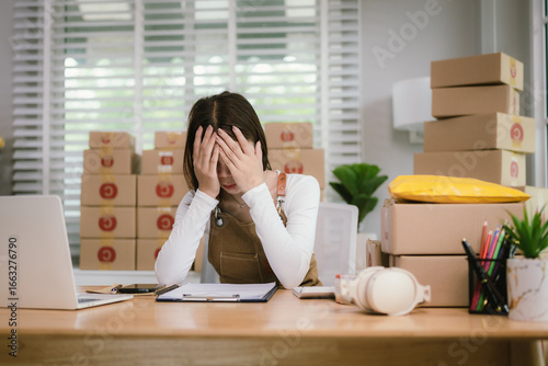 A young female entrepreneur works on her laptop in a home office, surrounded by shipping boxes. She manages logistics, online sales, inventory, and marketing while facing stress and challenges.