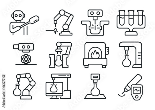 AI Glasswork Icon Set. Outline icon set of AI glasswork: robotic glass blower, laser cutter, color mixing AI