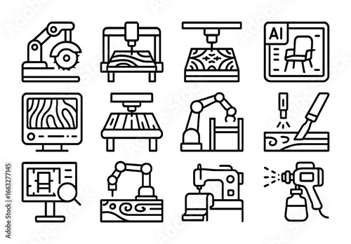 AI Furniture Tool Icons. Outline icon set of AI furniture design: robotic saw, CNC router, pattern projector,