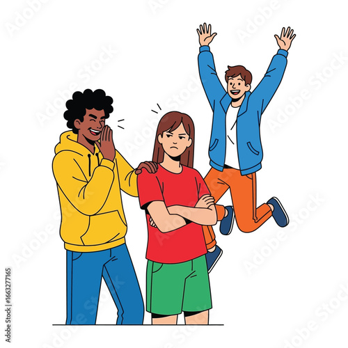 The Silent Discontent: A striking graphic depiction of the complex dynamics between peers. one character seems angry, another ecstatic and the third, offering unsolicited advice.