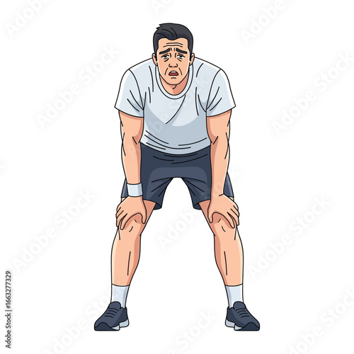 Exhausted After Exercise: A tired athlete with a determined expression, hands on knees, takes a moment to catch their breath.