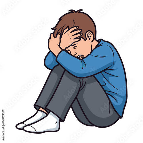 Melancholy Embrace: Illustration captures a young boy's somber expression as he sits huddled, conveying vulnerability. 