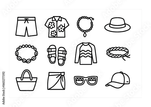 Surf Culture Icons. Outline icon set of surf-culture fusion: board shorts, floral shirt, beaded anklet, straw
