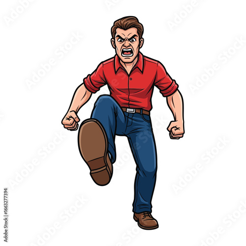 Outburst of Anger: A cartoon illustration of a man expresses his anger with a swift kick, a bold display of frustration. 