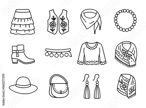 Urban Gypsy Icon Set. Outline icon set of urban gypsy style: layered skirts, embroidered vest, silk scarf,
