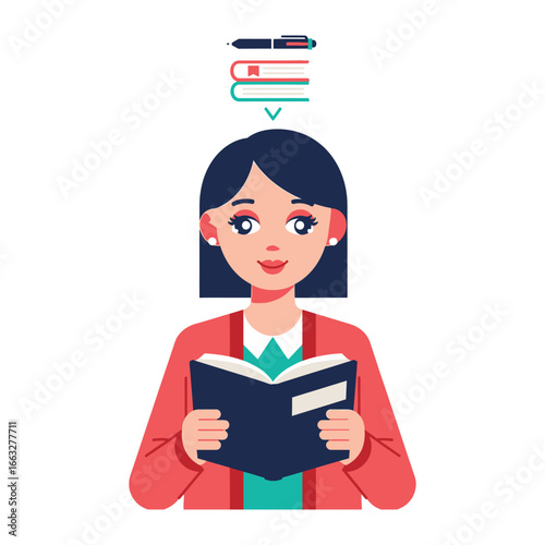 Knowledge Unveiled: A serene woman engrossed in the pages of an open book, with books and pens illustrating her ideas. It's a celebration of learning, curiosity, and the power of knowledge.