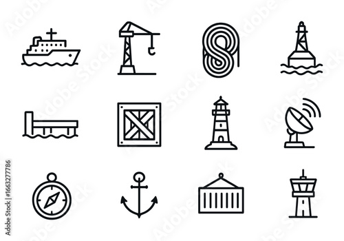 Arctic Maritime Icons. Outline icon set of arctic maritime hubs: icebreaker, harbor crane, rope coil, buoy,
