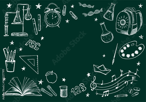 Back To School symbol, doodle, frame, hand drawn set	
