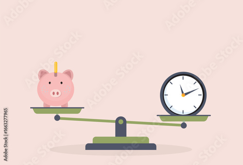 Time is money on scales icon. Money and time on scale. Time or money
