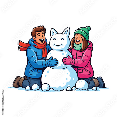 Winter Wonderland: Two friends come together in a snowy setting, creating a jovial snowman, all smiles amid a magical winter scene. 