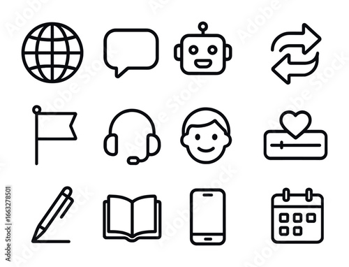 Multilingual AI Icon Set. Outline icon set of multilingual AI friends: globe icon, chat bubble, AI bot,
