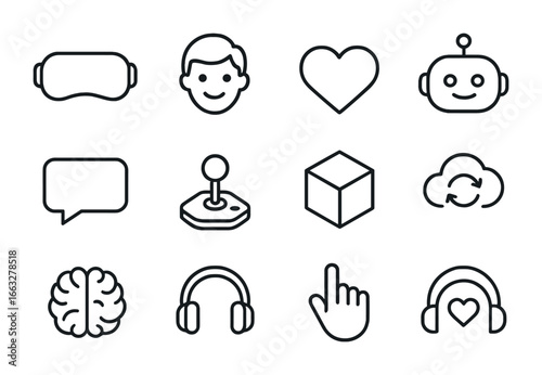 Immersive VR Icon Set. Outline icon set of immersive VR AI companions: VR headset, smiling avatar, heart icon,