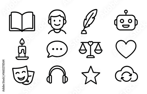 Storytelling AI Icon Set. Outline icon set of storytelling AI partners: open book, smiling avatar, quill pen,