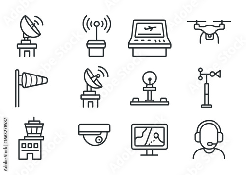 Droneport Icon Set. Outline icon set of droneport control towers: radar dish, signal antenna, control console,