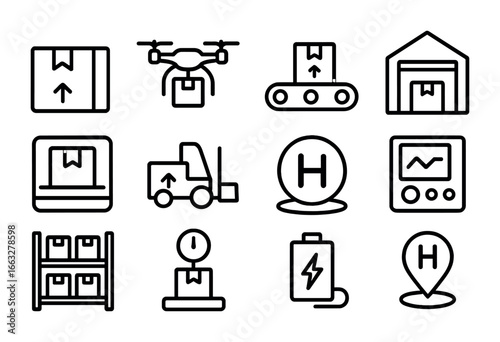 Cargo Drone Icons. Outline icon set of cargo drone hubs: cargo box, quadcopter, conveyor belt, loading dock,