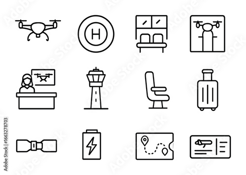 Passenger Drone Icon Set. Outline icon set of passenger drone terminals: air taxi icon, helipad, waiting