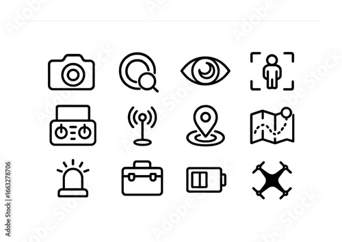 Surveillance Drone Icon Set. Outline icon set of surveillance drone hubs: camera icon, zoom lens, night vision