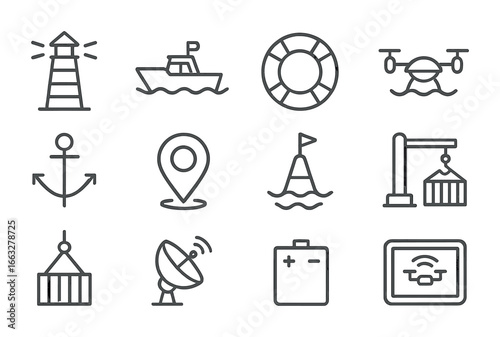Maritime Drone Icons. Outline icon set of maritime drone stations: lighthouse, boat icon, life ring, water