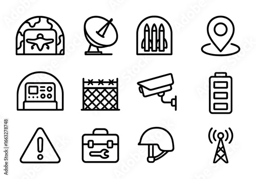 Military Drone Icon Set. Outline icon set of military drone hangars: camouflage drone, radar dish, missile