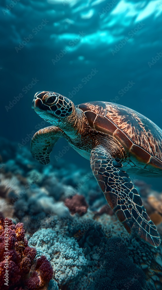 Fototapeta premium Close-up of a Sea Turtle Swimming over a Coral Reef