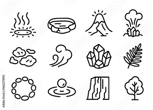 Volcanic Spring Icons. Outline icon set of radiant volcanic springs: glowing steam, rock pool, lava flow,