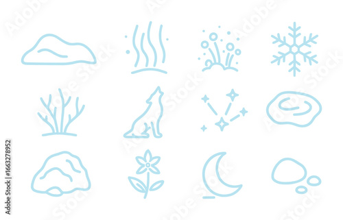 Glowing Tundra Icons. Outline icon set of glowing tundra plains: snow drift, aurora lights, luminous moss, ice