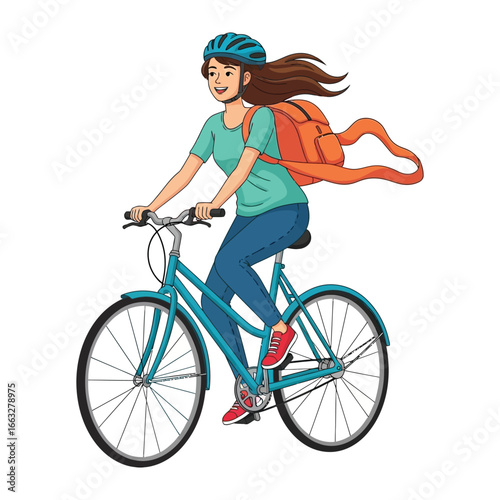 Girl on Bike: A vibrant illustration of a young woman confidently riding a bicycle, exuding energy and embodying the spirit of freedom and adventure. She is fully prepared for her outdoor cycling.
