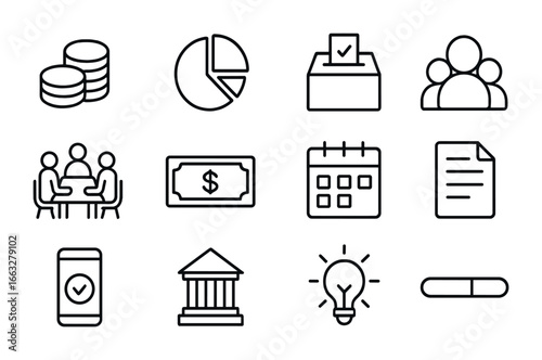 Participatory Budgeting Icons. Outline icon set of participatory budgeting: coin stack, pie chart, ballot box,