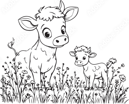 Two Cartoon Cows in a Flower Field — black-and-white line illustration featuring a large and small cow in a peaceful, natural setting