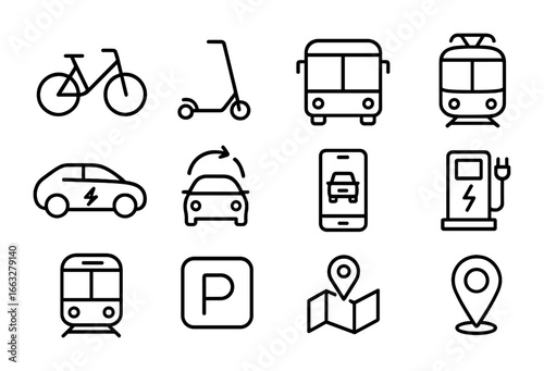 Shared Mobility Icons. Outline icon set of shared mobility systems: bicycle, e-scooter, bus, tram, EV car, car