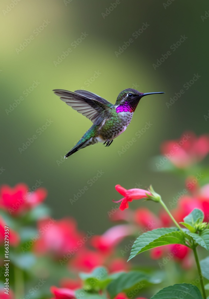 Fototapeta premium Colorful Hummingbird Flying Near Bright Pink Flowers in Garden