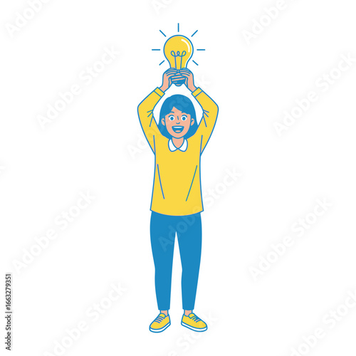 Creative Spark: A person beams with insight, holding aloft a glowing lightbulb, symbolizing innovation and the genesis of ideas.  Showcasing the joy of discovery, the spark of a new concept.