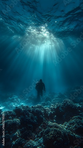 A Diver Silhouetted Against Sunbeams in a Coral Garden