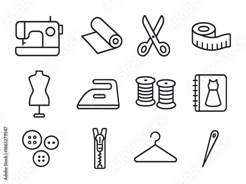 Slow Fashion Icons. Outline icon set of slow fashion studio: sewing machine, fabric roll, scissors, measuring