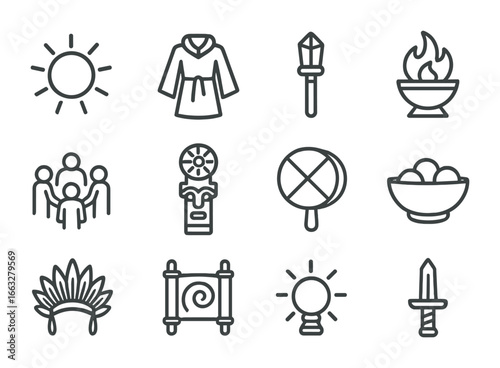 Solar Ritual Icon Set. Outline icon set of solar ascension rites: sun disk, ceremonial robe, crystal staff,