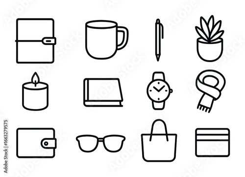 Essential Icons Grid. Outline icon set of refined essentials: leather journal, ceramic mug, pen, potted plant,